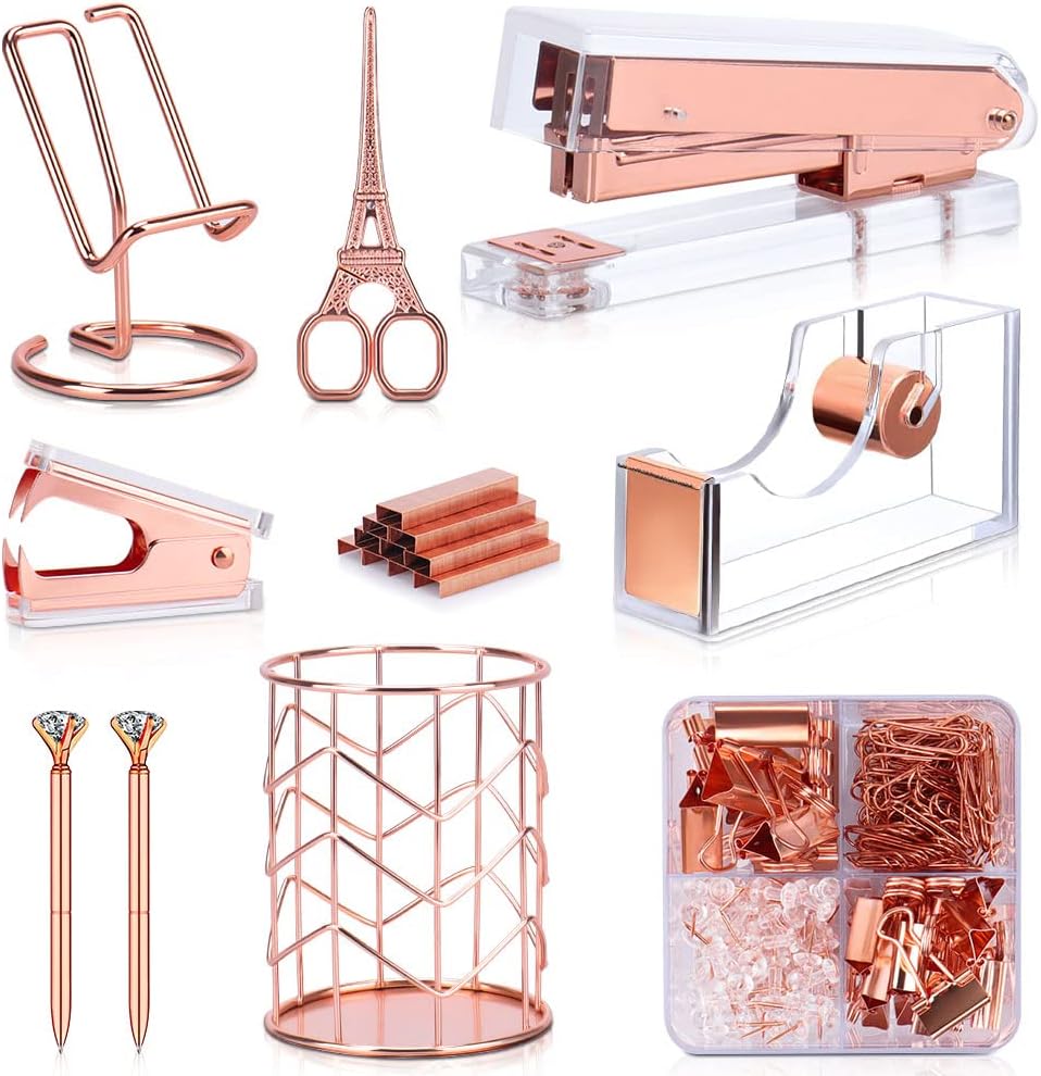 Rose Gold Office Supplies and Accessories, Acrylic Stapler, Staple Remover, Tape Dispenser, Pen Holder, Phone Holder, Scissors, Paper Clips, Binder Clips, 2 Pen and 1000 pcs Staples - Image 1